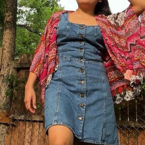 Denim Midi Button-Down Dress with Corset Illusion Detail